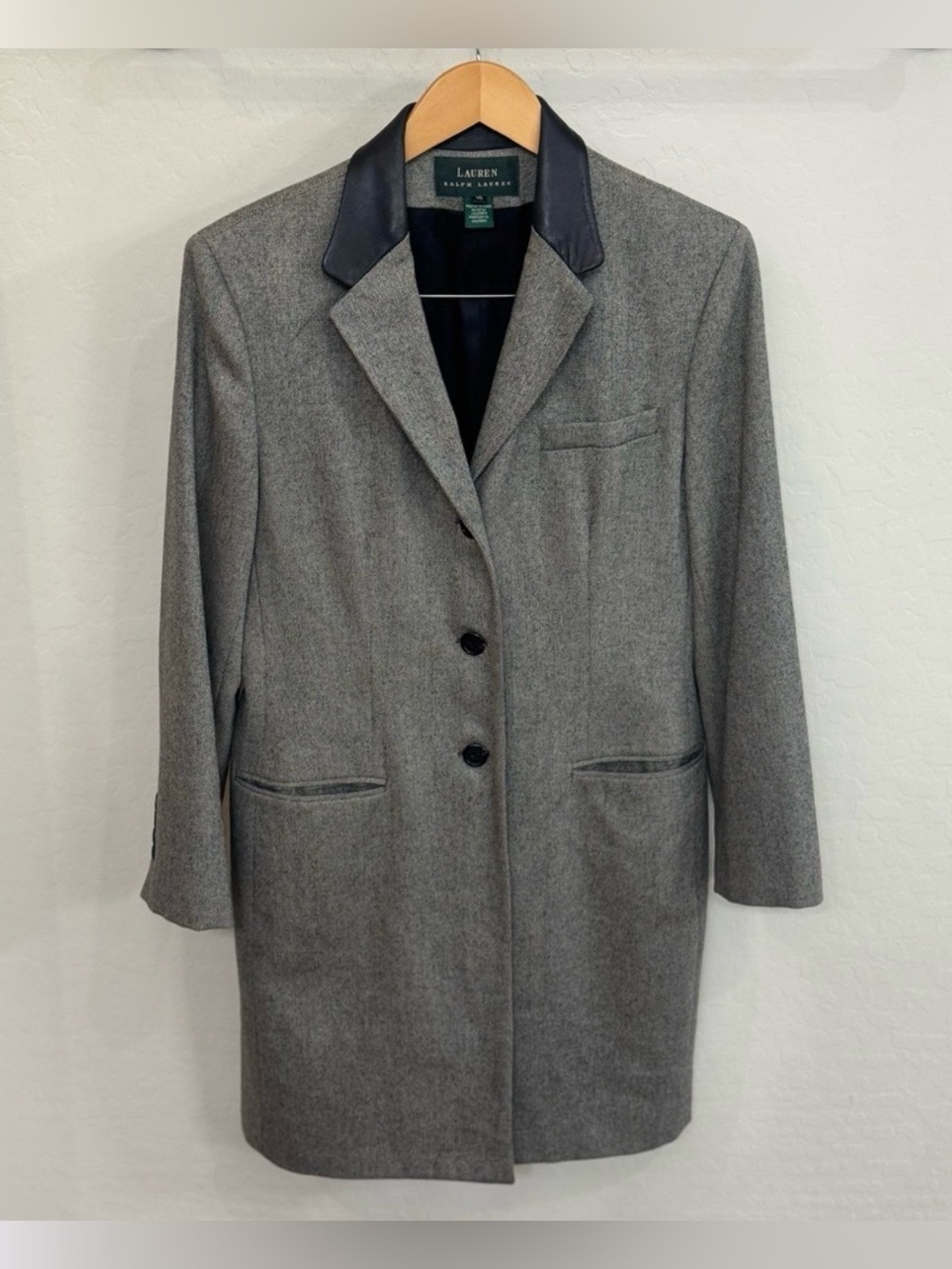 Vintage Lauren Ralph Lauren Gray Tweed Wool Long Blazer Riding Jacket Leather 10